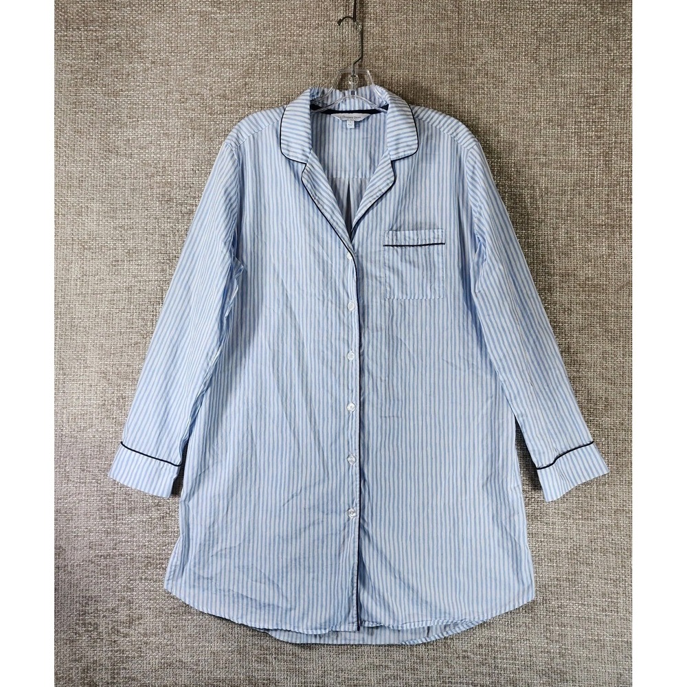 The Company Store 100% Cotton Night Shirt Womens L Blue White Stripe Nightgown